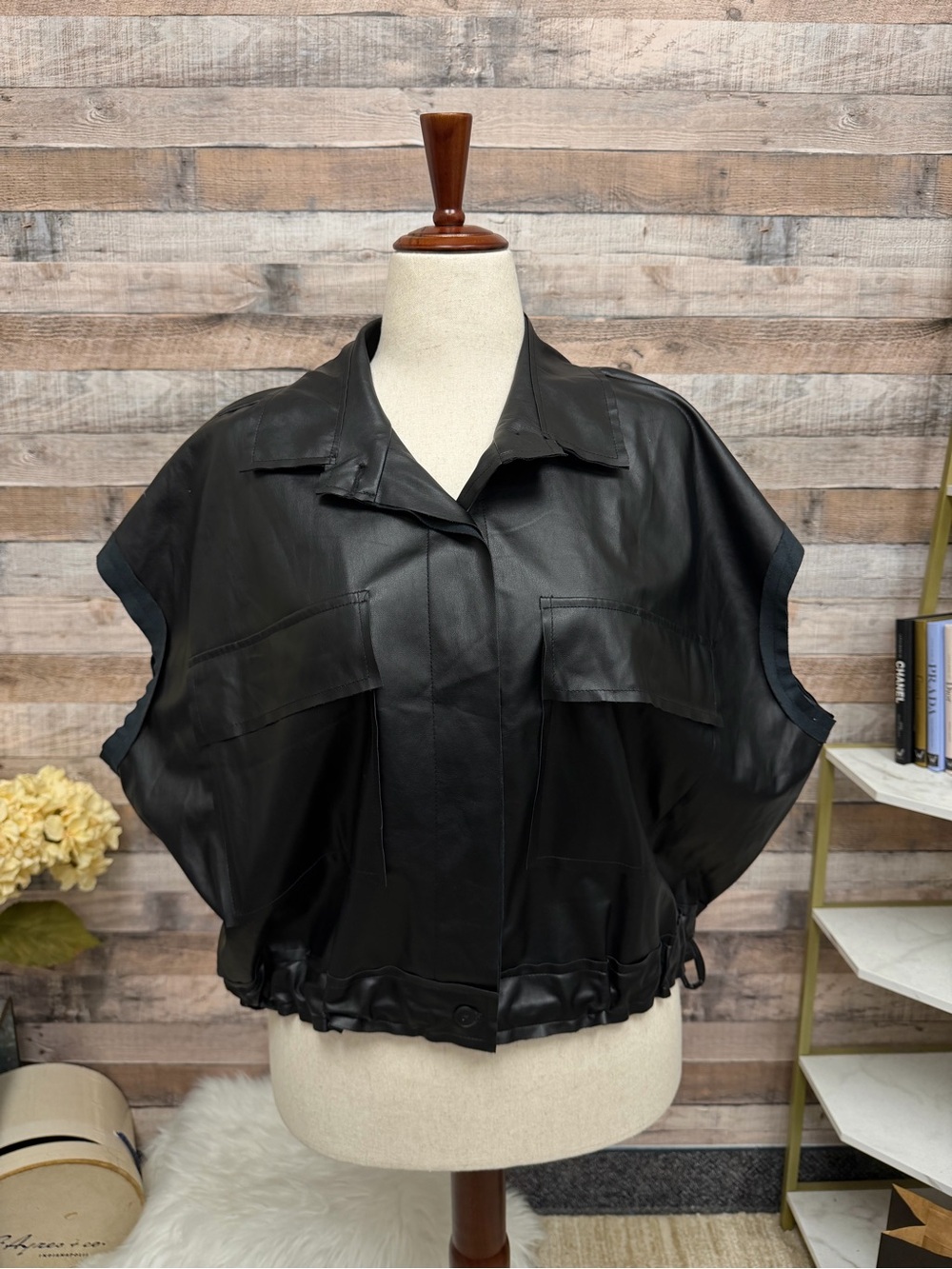 Planet by Lauren G black faux leather short sleeve button up top